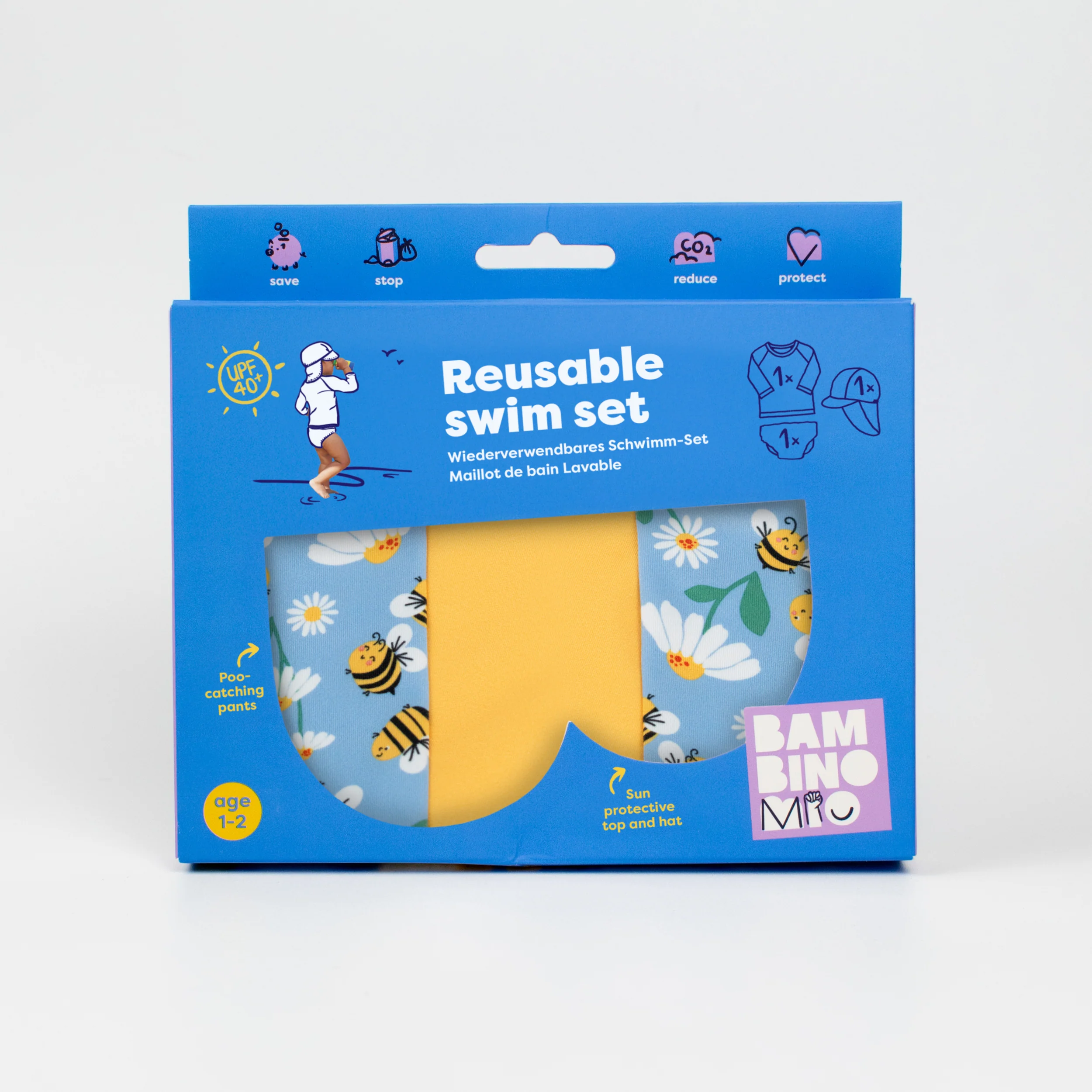 3 Piece Baby Swim Set with Swim Nappy, Swim top and Swim Hat in Busy Bees - Image 7