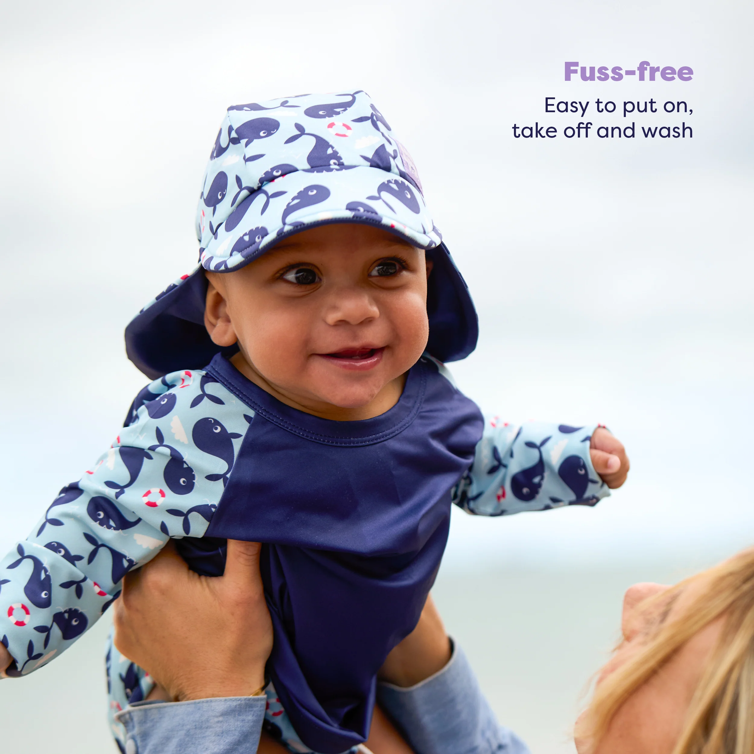 UPF 40+ Reversible Swim Hat for Babies and Toddlers in Blue Whale - Image 5
